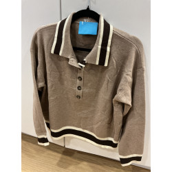 Pull col polo taupe et choco
