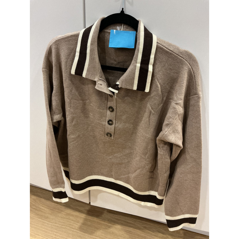 Pull col polo taupe et choco