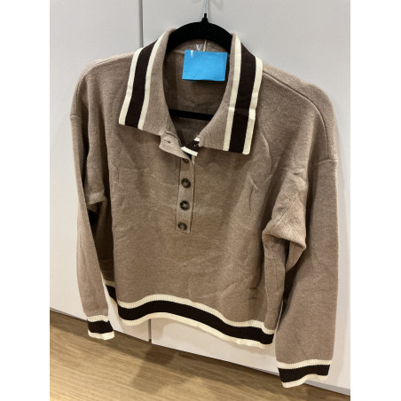 Pull col polo taupe et choco