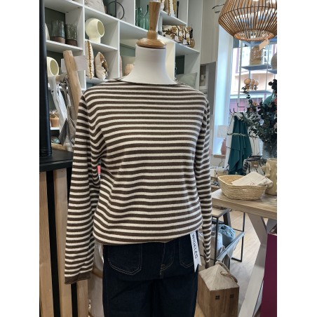 Pull rayé marron et écru