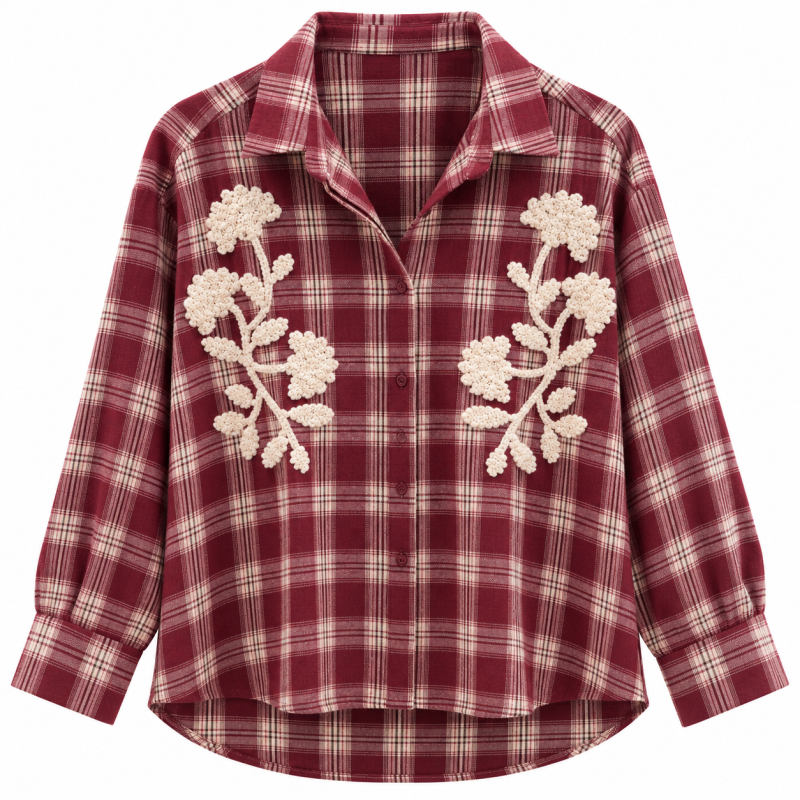 Chemise à carreaux bleu et broderie écru BORDEAUX