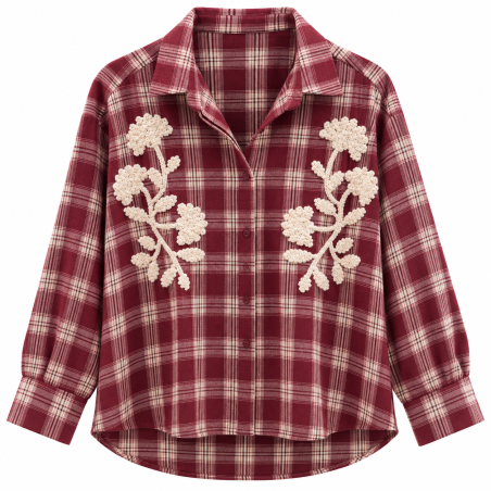 Chemise à carreaux bleu et broderie écru BORDEAUX