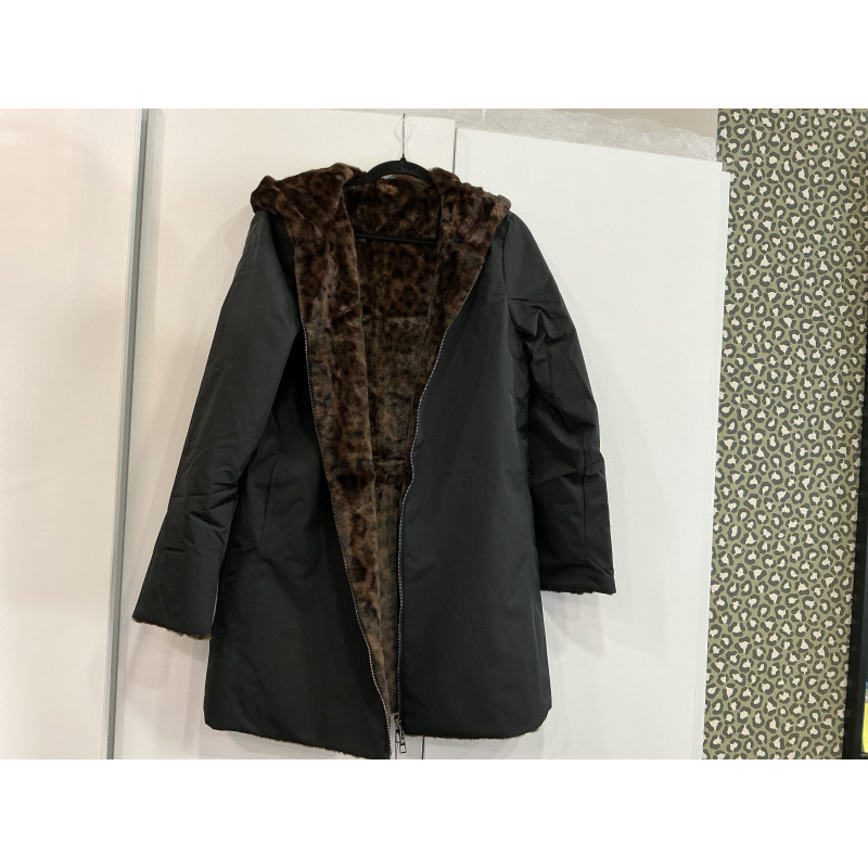 Parka longue noir réversible fourrée léopard