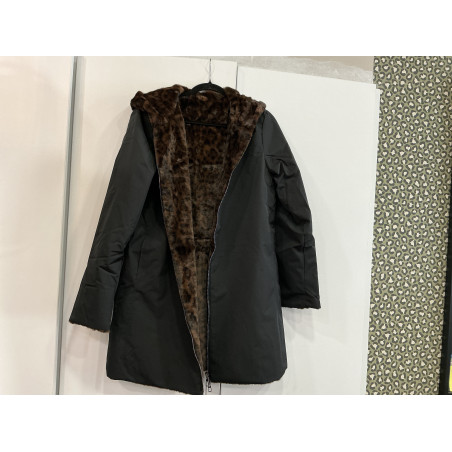 Parka longue noir réversible fourrée léopard