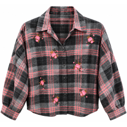 Chemise carreaux grise et rose à fleur