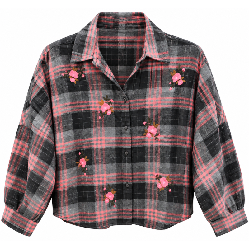 Chemise carreaux grise et rose à fleur
