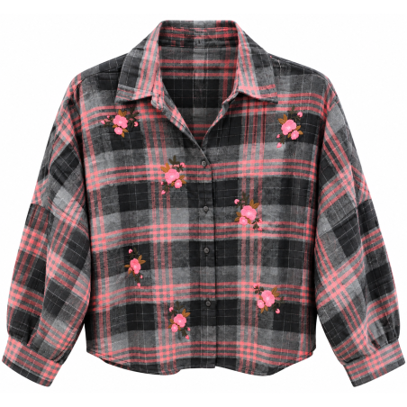 Chemise carreaux grise et rose à fleur