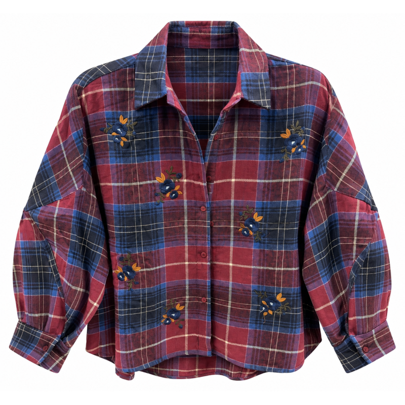 Chemise carreaux marine et bordeaux à fleur