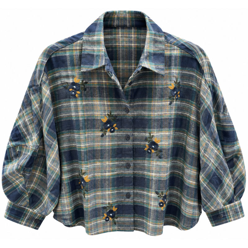 Chemise carreau marine et kaki à fleur