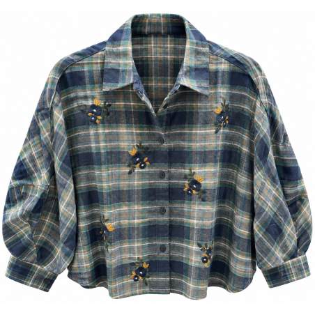 Chemise carreau marine et kaki à fleur