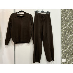 Ensemble pull col polo pantalon choco