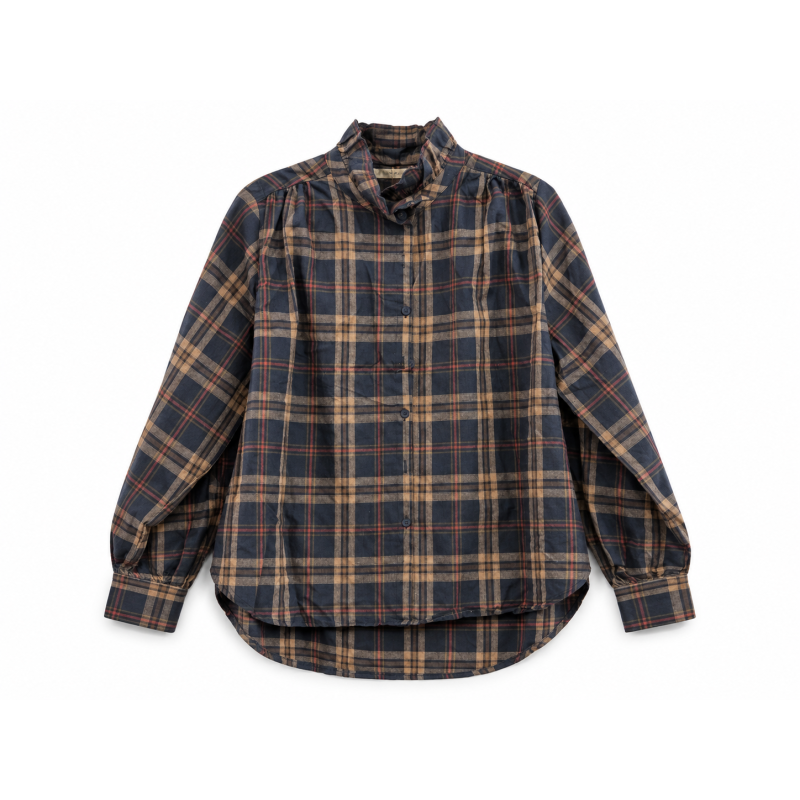 Chemise carreaux marine et camel col victorien