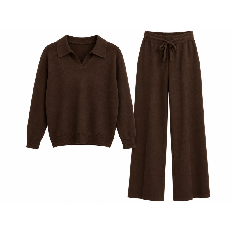 Ensemble pull col polo pantalon choco