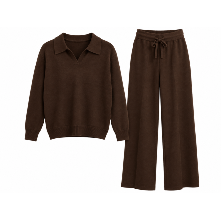 Ensemble pull col polo pantalon choco