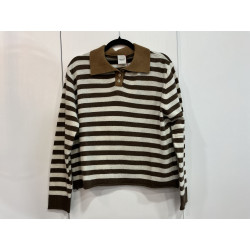 Pull col polo rayé marron et beige