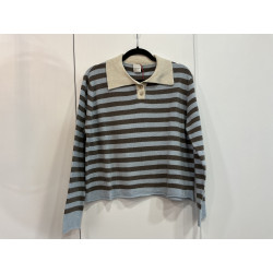 Pull col polo rayé bleu ciel et marron