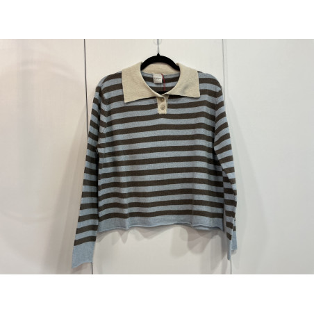 Pull col polo rayé bleu ciel et marron