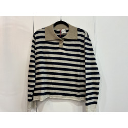 Pull col polo rayé bleu marine et beige