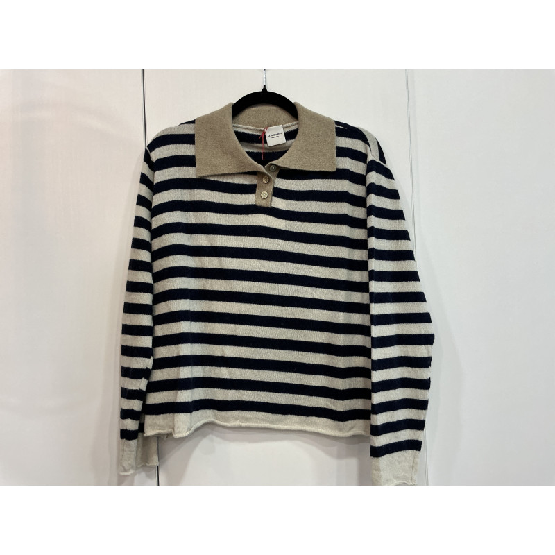 Pull col polo rayé bleu marine et beige