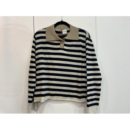 Pull col polo rayé bleu marine et beige