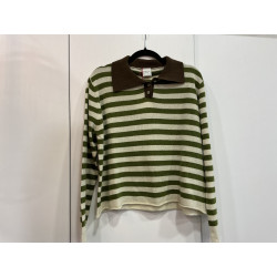 Pull col polo rayé vert et beige