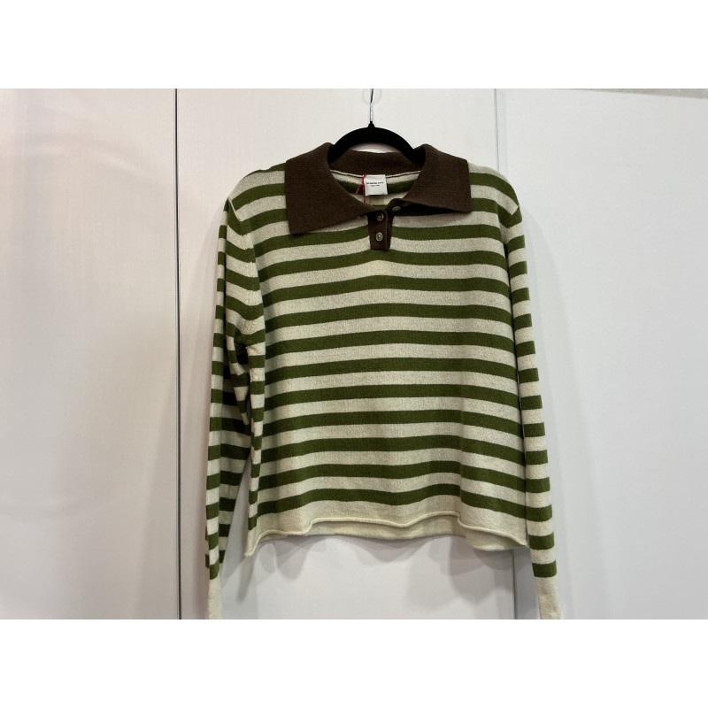Pull col polo rayé vert et beige