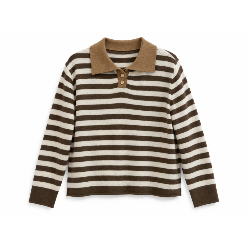 Pull col polo rayé marron et beige