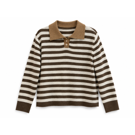 Pull col polo rayé marron et beige