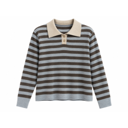 Pull col polo rayé bleu ciel et marron