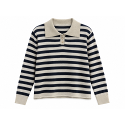 Pull col polo rayé bleu marine et beige
