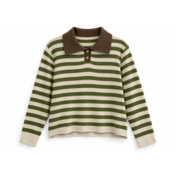 Pull col polo rayé vert et beige