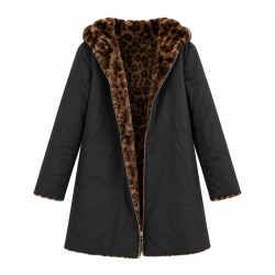 Parka longue noir réversible fourrée léopard