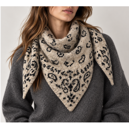 Echarpe triangle motif bandana beige noir