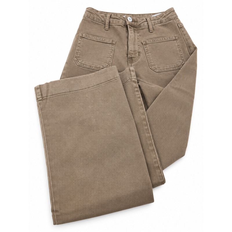 Jeans long large poches plaquées caramel