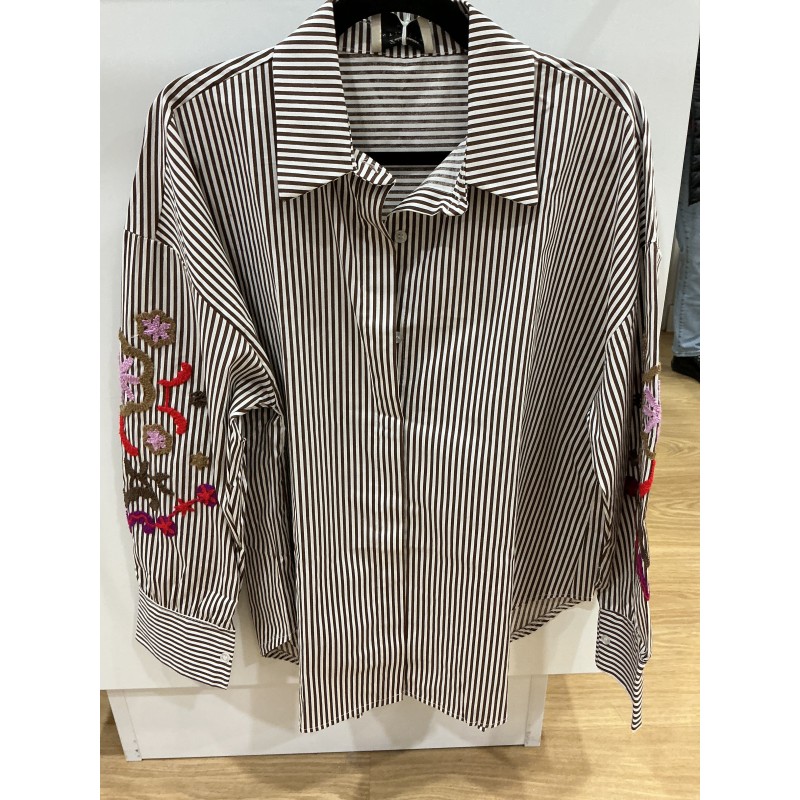 Chemise rayée choco broderies couleurs