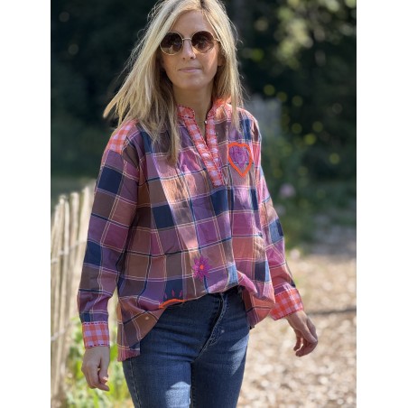 Blouse carreaux marine et rose