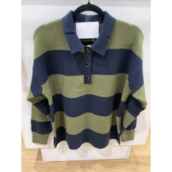 Pull col polo rayé marine et kaki