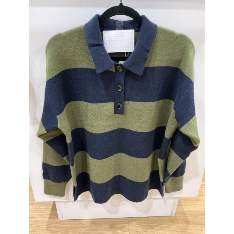 Pull col polo rayé marine et kaki
