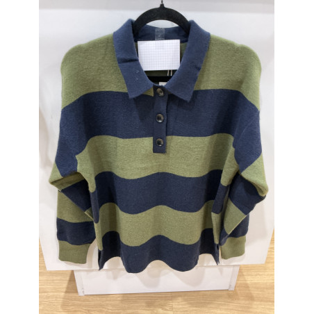 Pull col polo rayé marine et kaki