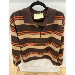 Pull col polo rayé choco , camer et orange