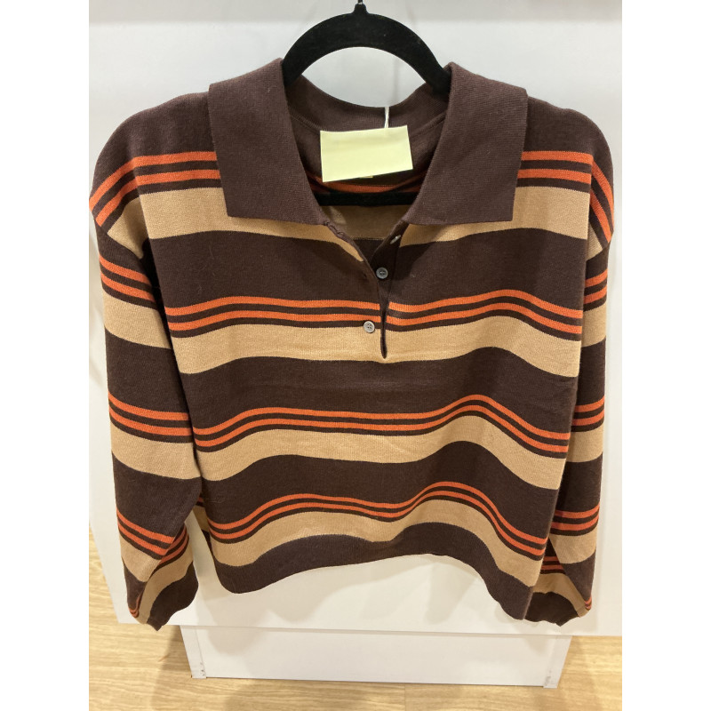 Pull col polo rayé choco , camer et orange