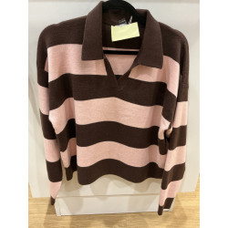 Pull col polo rayé rose et choco