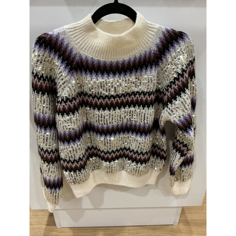 Pull écru et violet sequins