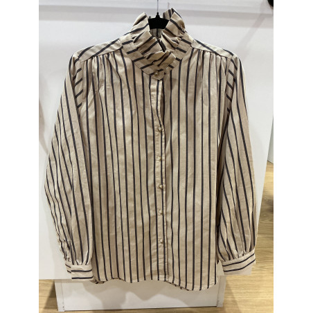 Chemise rayée col victorien beige et marine