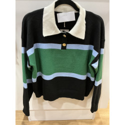 pull col polo noir bleu et vert