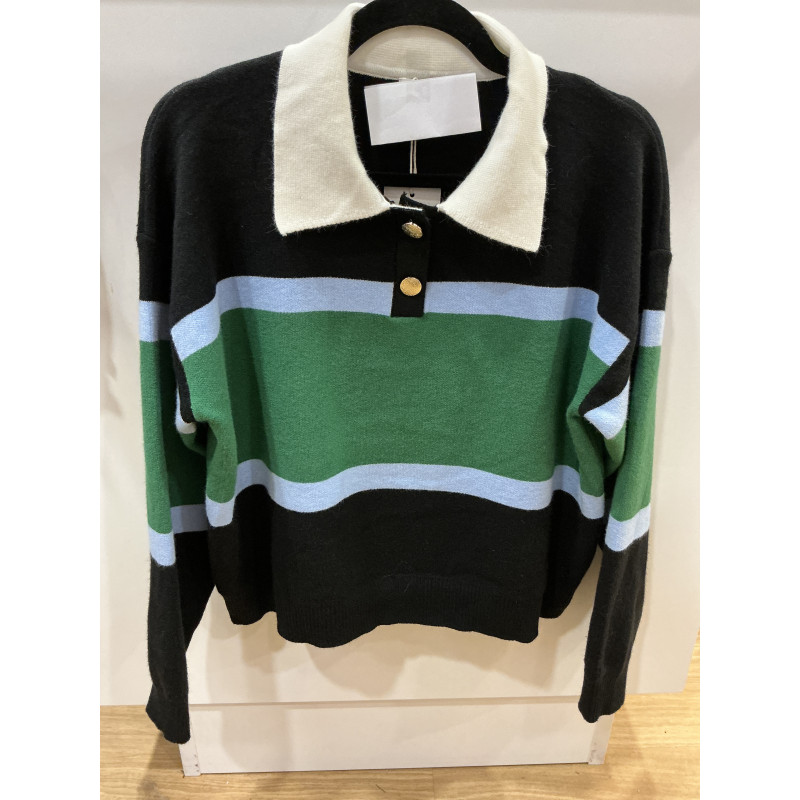 pull col polo noir bleu et vert
