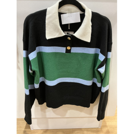 pull col polo noir bleu et vert