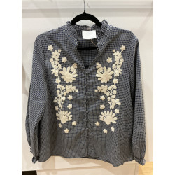 Chemise carreaux bleu marine broderies écru