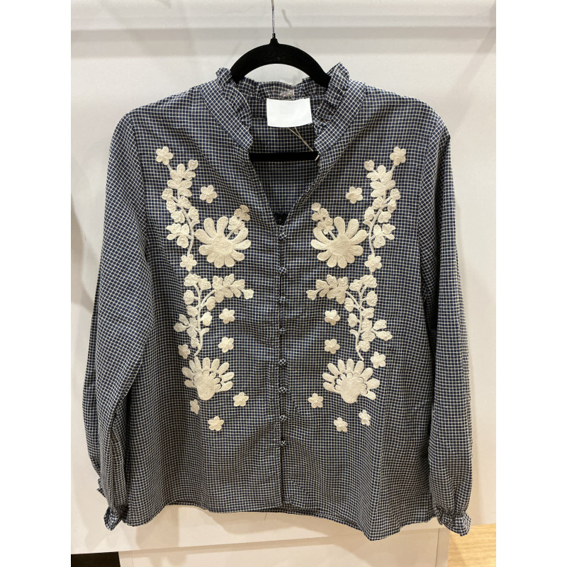 Chemise carreaux bleu marine broderies écru