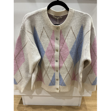 Gilet losange écru bleu et rose